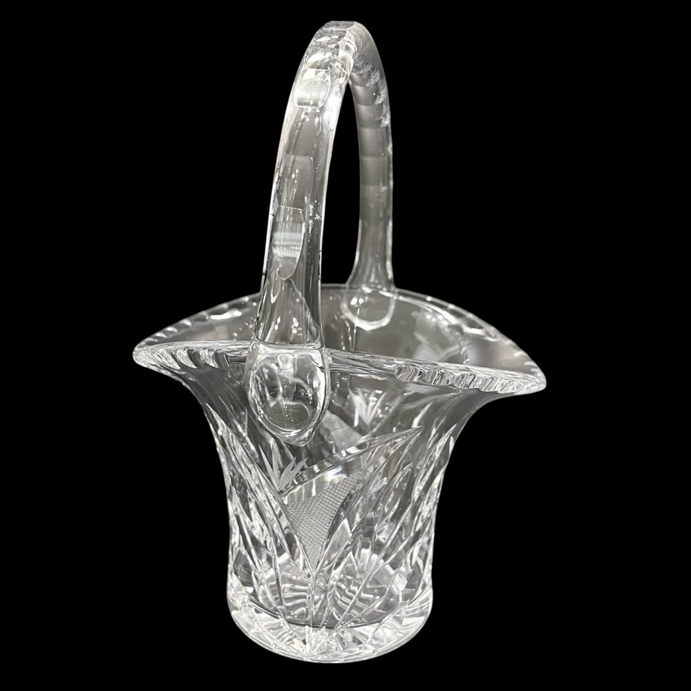 Vintage 1960s Flora Crystal Basket Clear with Etched Bird of Paradise Flowers
